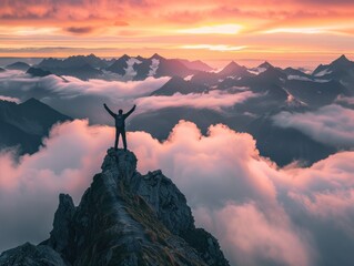 A panoramic view of the Alps featuring sunsets and sunrises over snowy peaks, valleys, and silhouetted mountains under a sky filled with clouds, capturing the essence of nature, travel, and the breath
