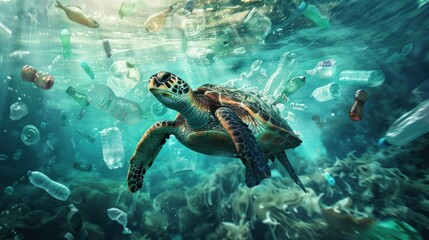 Obraz na płótnie Canvas Imagine an image of a green sea turtle gracefully swimming in an aquarium, surrounded by a vibrant underwater world This captivating scene is filled with colorful fish, coral reefs, and the clear, blu