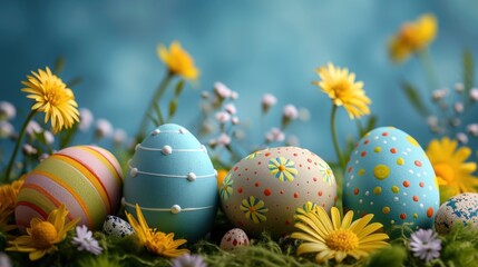  Beautiful postcard with easter decoration and painted colorful easter eggs. Banner