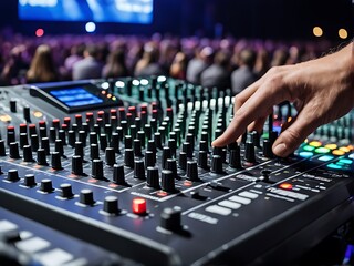 Close up of hand mixing music on midi controller in concert hall