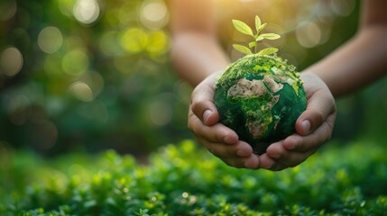 Hands protecting globe of green tree on tropical nature summer background, Ecology and Environment concept