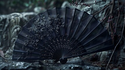 Ancient style group fan, made of embroidery, beaded, metal three-dimensional filigree, depth of field, minimalist background