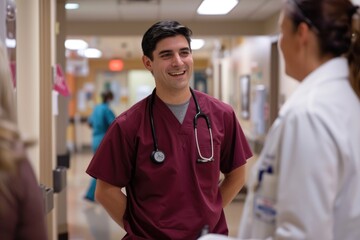 Male nurse practitioner wearing maroon scrubs and white coat talking to colleagues at work in hospital. AI Generated