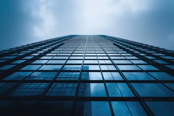 Low angle view of skyscraper with glass windows and blue sky background for business and finance...