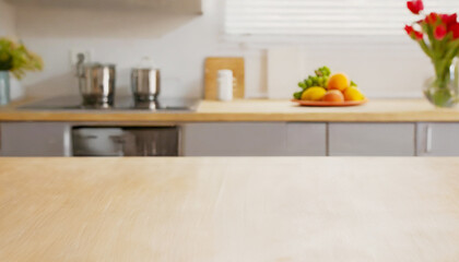 Empty wooden table top on blur white kitchen room background. Mockup banner for display of advertise product, Background of food photo posting.