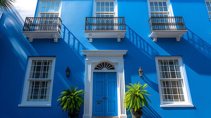 Fototapeta premium Blue tropical house in historic coastal city - inspired by the scenery of. Charleston South Carolina 