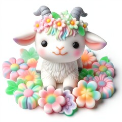 a cute goat with flowers made of pastel color rainbow gummy candy on a white background