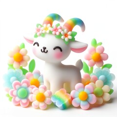 a cute goat with flowers made of pastel color rainbow gummy candy on a white background