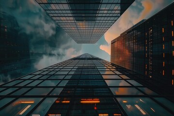 Low angle view of modern office buildings in the financial district. Skyscrapers in downtown. AI...