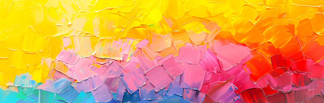 Abstract summer sky acrylic paint brushstrokes texture. Pink, yellow, blue, purple colourful banner panorama , splash of color. Creative copy space for text header. 