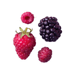 A strawberry, raspberry, and blackberry seedless fruits on a transparent background