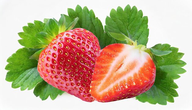Fresh Whole and Halved Strawberry on Green Leaves