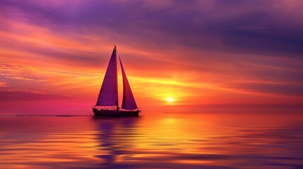 Sailboat Against Vivid Sunset on Calm Ocean