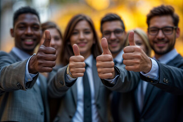 Group of business people showing thumbs up in the city. Business success concept