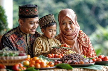 muslim family eating healthy food in the garden, healthy food concept - obrazy, fototapety, plakaty