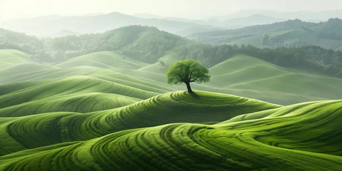 Stof per meter Scenic Landscape of filed hills layers with tree at  morning © Maizal