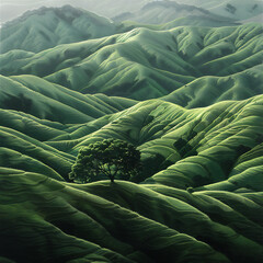 Landscape of filed hills layers with tree in  morning light - obrazy, fototapety, plakaty