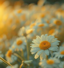 Naklejka premium field of camomile, focus movement from the background to single flower ,Generative ai, 