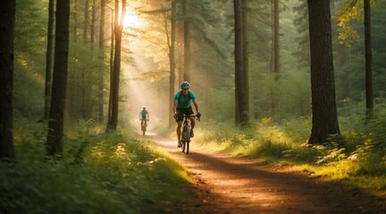 A couple of people riding bikes down a dirt road in the woods. Generative AI.