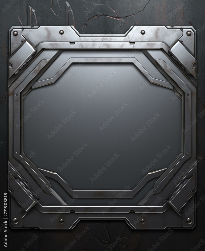 Poster a metal frame with a black background and some rivets. generative ai.