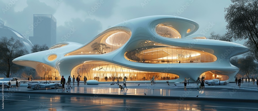 Poster a futuristic building with curved shapes on the outside. generative ai.