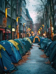 A row of tents lined up on a street in the city. Generative AI.