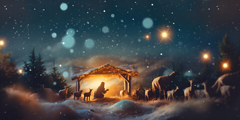 The birth of Christ in the barn at night, Araffe christmas scene with a nativity scene in the woods generative ai
