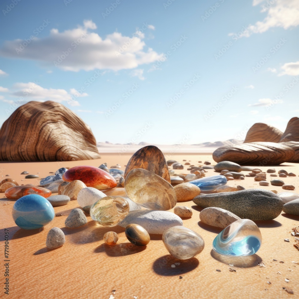 Poster a bunch of rocks and other objects on the ground. generative ai.