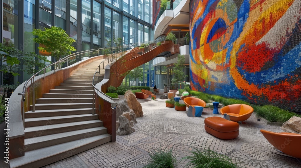Poster a stairway leading up to a large colorful mural in the lobby. generative ai.