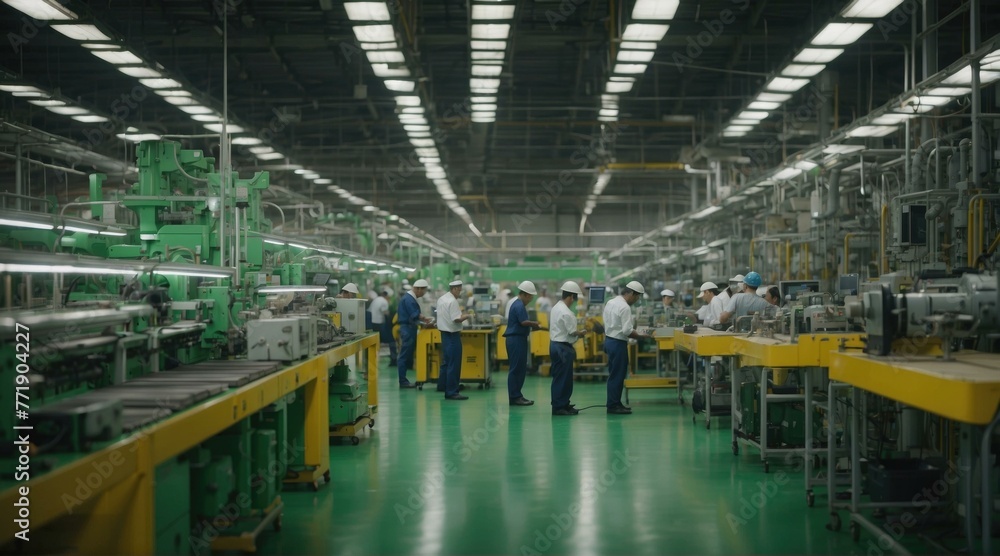 Aufkleber a group of people working in a factory with machines. generative ai.