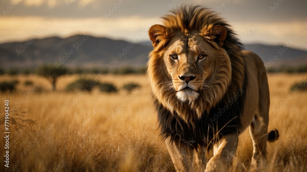 Poster a lion walking through a field of tall grass with mountains in the background. generative ai.