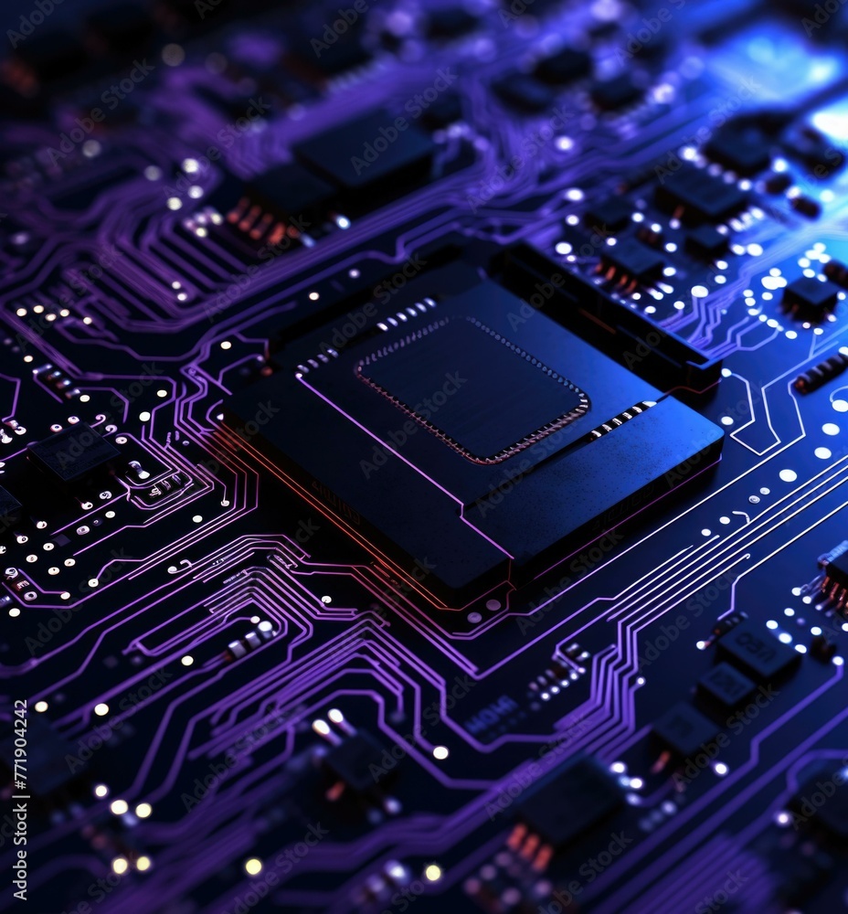Poster a close up of a computer chip on top of an electronic circuit board. generative ai.