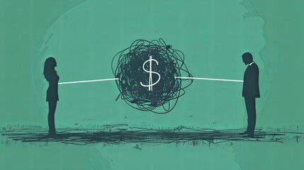 A man and woman with money and relationship problems. Mental health illustration on green background. Concept of bad marriage, financial problems & couples counselling. World Mental Health Day 2024.