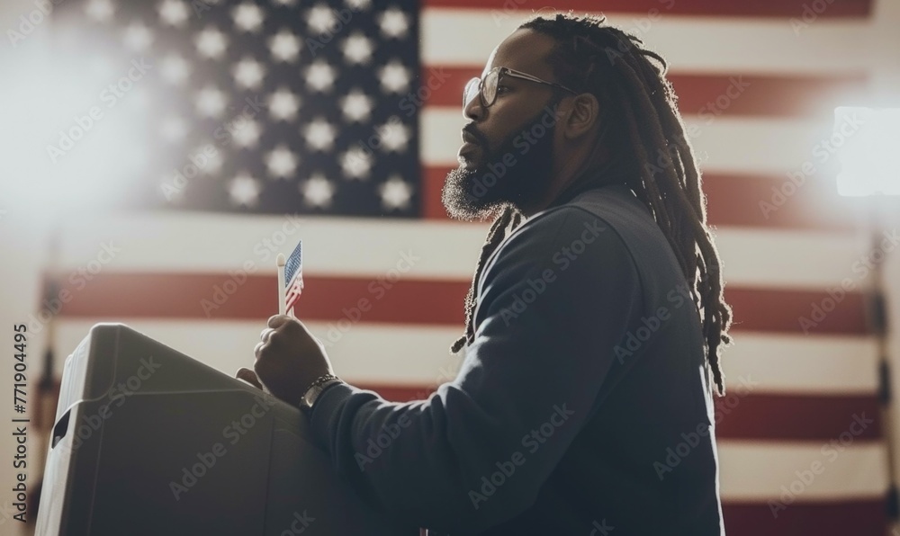 Poster a man with dreadlocks and a beard is standing in front of an american flag. generative ai.