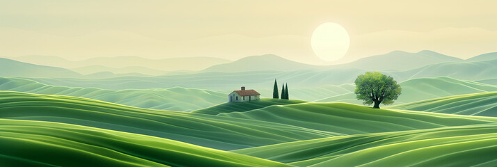 scenic layers of green hills at morning with house and tree in far away at sunrise