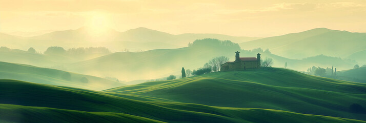scenic layers of green hills at morning with house in far away at sunrise