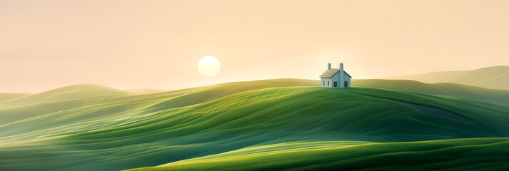 scenic layers of green hills field at morning with house in far away at sunrise - obrazy, fototapety, plakaty