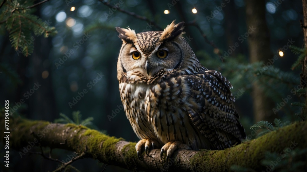 Poster an owl sitting on a tree branch with its eyes open. generative ai.