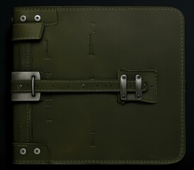 A green leather case with metal buckles on the front. Generative AI.