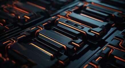 A close up of a bunch of black and orange computer parts. Generative AI.