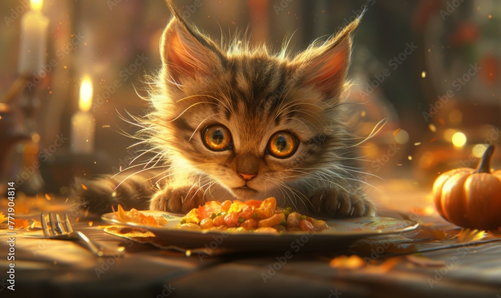 Poster a cat is sitting on a plate with food in front of it. generative ai.