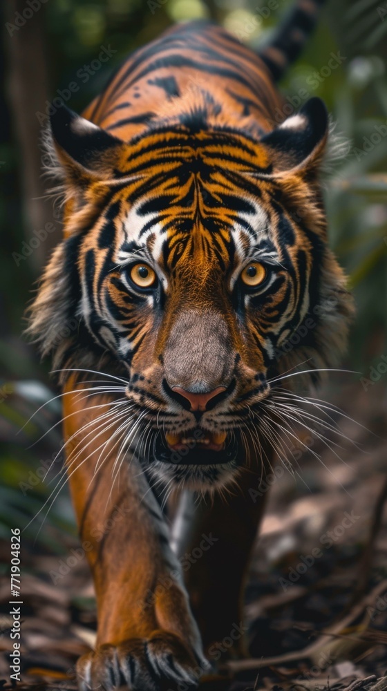 Poster a tiger walking through the woods with a camera in hand. generative ai.