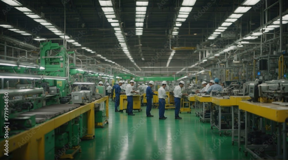 Aufkleber a group of people working in a factory with machines. generative ai.