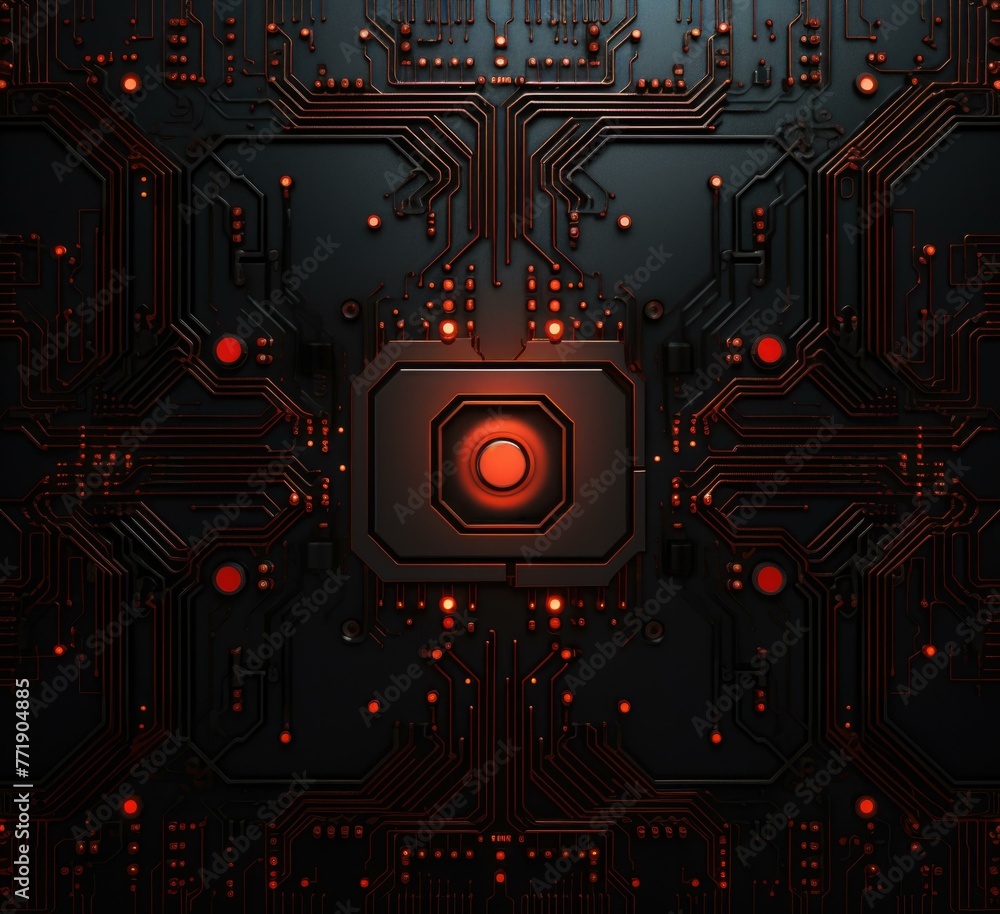 Poster a red glowing circuit board with a circle in the center. generative ai.
