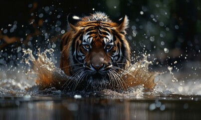 Fototapeta na wymiar A tiger is running through the water with its mouth open. Generative AI.