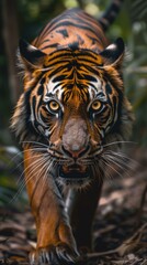 A tiger walking through the woods with a camera in hand. Generative AI.