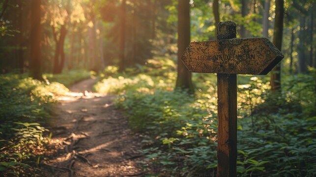 A weathered wooden signpost pointing the way along a winding forest trail, bathed in dappled sunlight.
