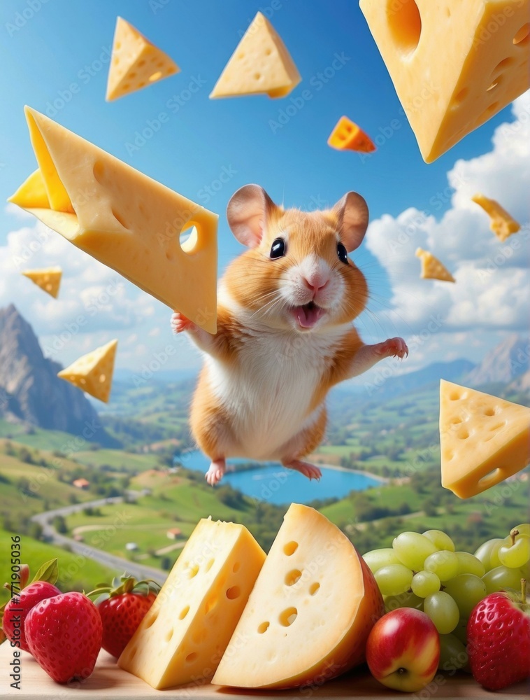 Poster a hamster is jumping through a field of cheese. generative ai.