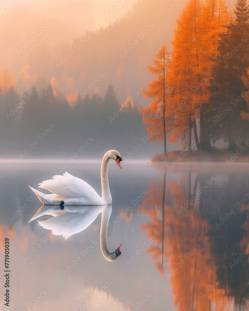 Poster a swan is floating on a lake surrounded by trees. generative ai.