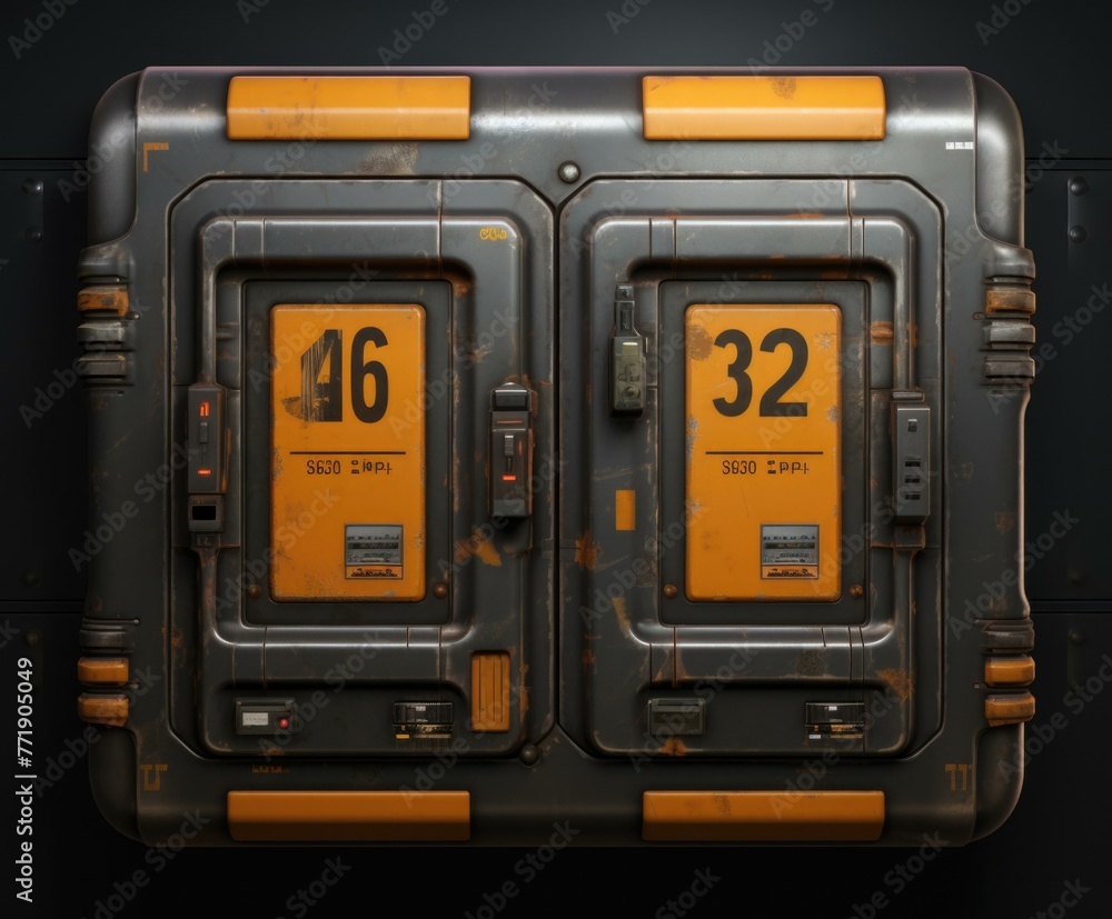 Poster a close up of a large metal box with numbers on it. generative ai.